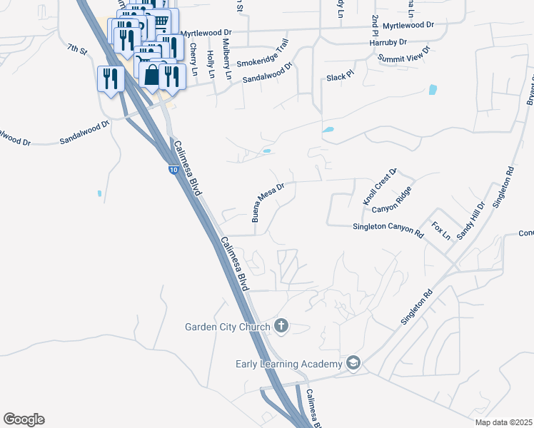 map of restaurants, bars, coffee shops, grocery stores, and more near 35114 Mesa Grande Drive in Calimesa