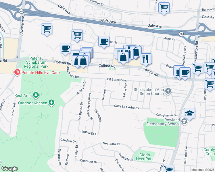 map of restaurants, bars, coffee shops, grocery stores, and more near 1854 Samara Drive in Rowland Heights