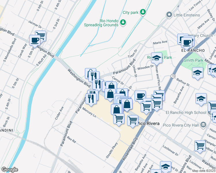 map of restaurants, bars, coffee shops, grocery stores, and more near Candace Avenue in Pico Rivera