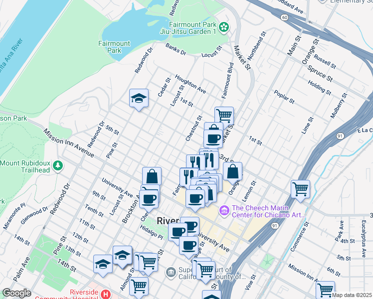 map of restaurants, bars, coffee shops, grocery stores, and more near 3987 4th Street in Riverside