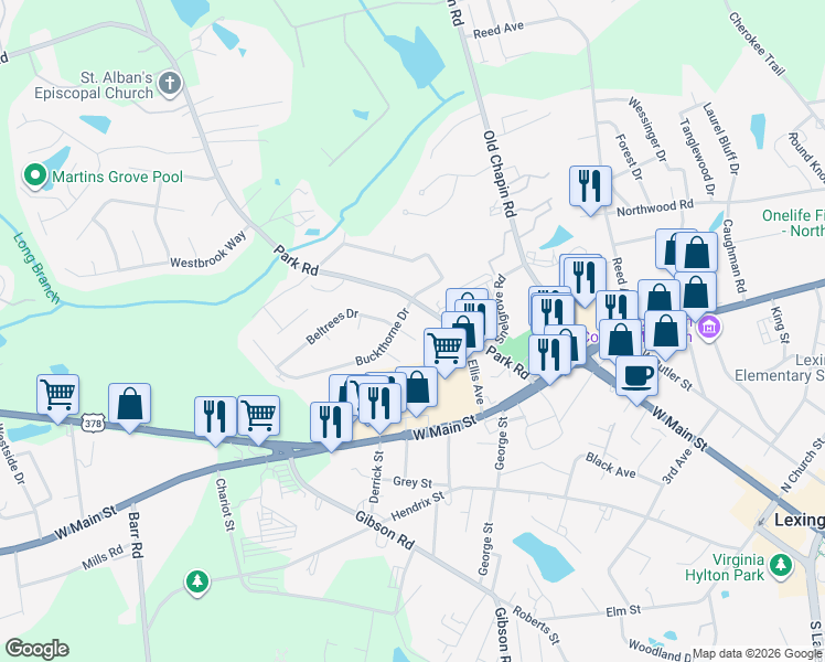 map of restaurants, bars, coffee shops, grocery stores, and more near 109 Arnwood Court in Lexington