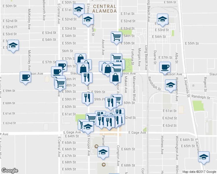 map of restaurants, bars, coffee shops, grocery stores, and more near 1422 East 58th Drive in Los Angeles