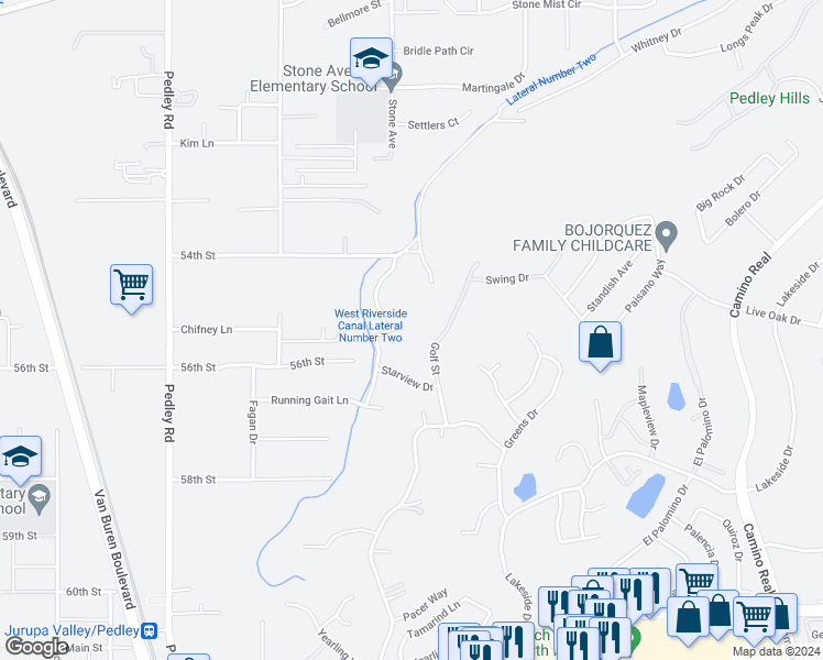map of restaurants, bars, coffee shops, grocery stores, and more near 5568 Indian Palms Drive in Riverside