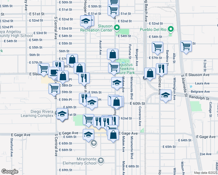 map of restaurants, bars, coffee shops, grocery stores, and more near 1450 East 59th Street in Los Angeles