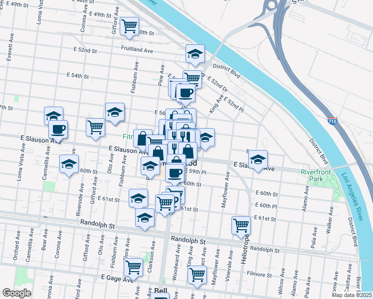 map of restaurants, bars, coffee shops, grocery stores, and more near 4509 East Slauson Avenue in Maywood