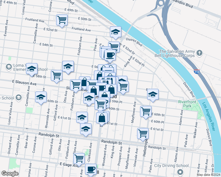 map of restaurants, bars, coffee shops, grocery stores, and more near 4509 East Slauson Avenue in Maywood