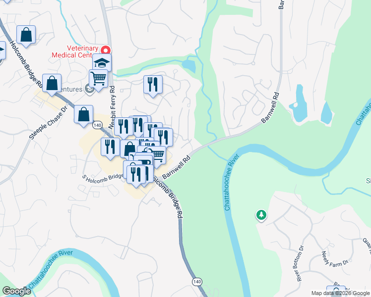 map of restaurants, bars, coffee shops, grocery stores, and more near 218 Saint Andrews Court in Alpharetta