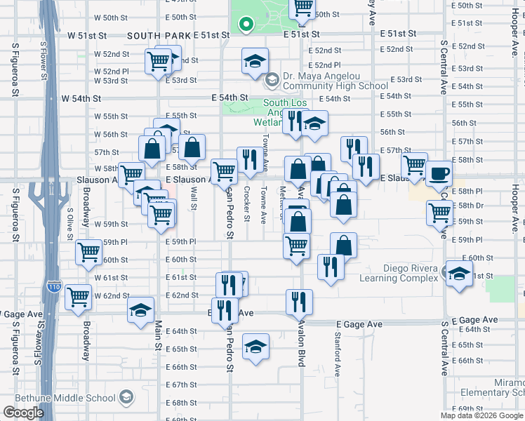 map of restaurants, bars, coffee shops, grocery stores, and more near 5877 Towne Avenue in Los Angeles
