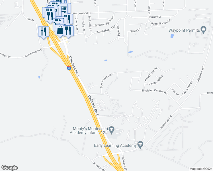 map of restaurants, bars, coffee shops, grocery stores, and more near 35104 Mesa Grande Drive in Calimesa