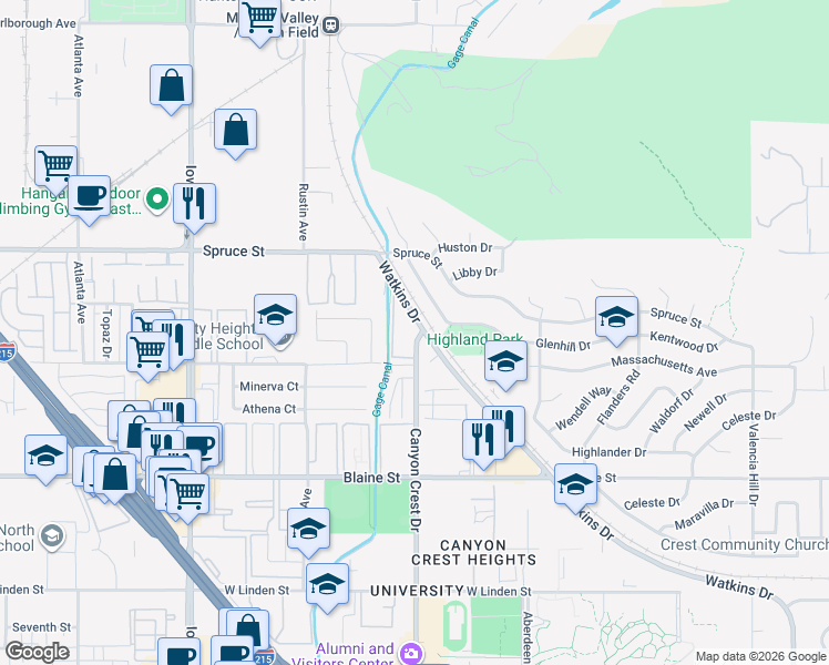 map of restaurants, bars, coffee shops, grocery stores, and more near 2891 Canyon Crest Drive in Riverside