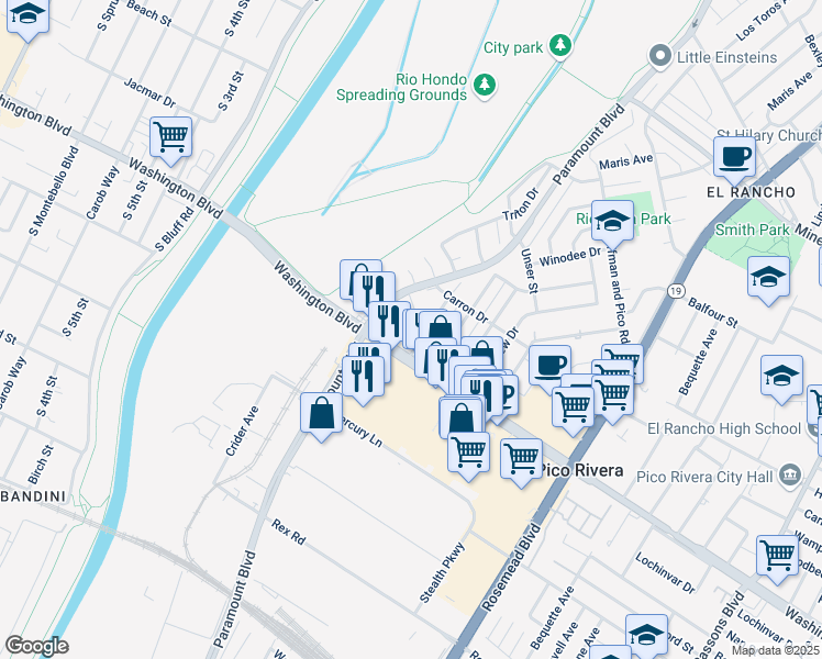 map of restaurants, bars, coffee shops, grocery stores, and more near 8450 Washington Boulevard in Pico Rivera
