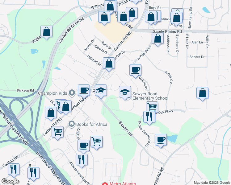 map of restaurants, bars, coffee shops, grocery stores, and more near 782 Prince Avenue in Marietta