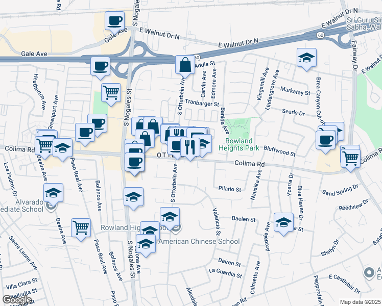 map of restaurants, bars, coffee shops, grocery stores, and more near 19240 Colima Road in Rowland Heights