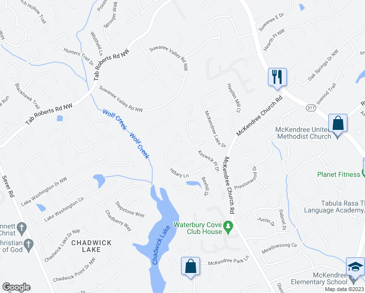 map of restaurants, bars, coffee shops, grocery stores, and more near 1508 Hillary Cove Court in Lawrenceville