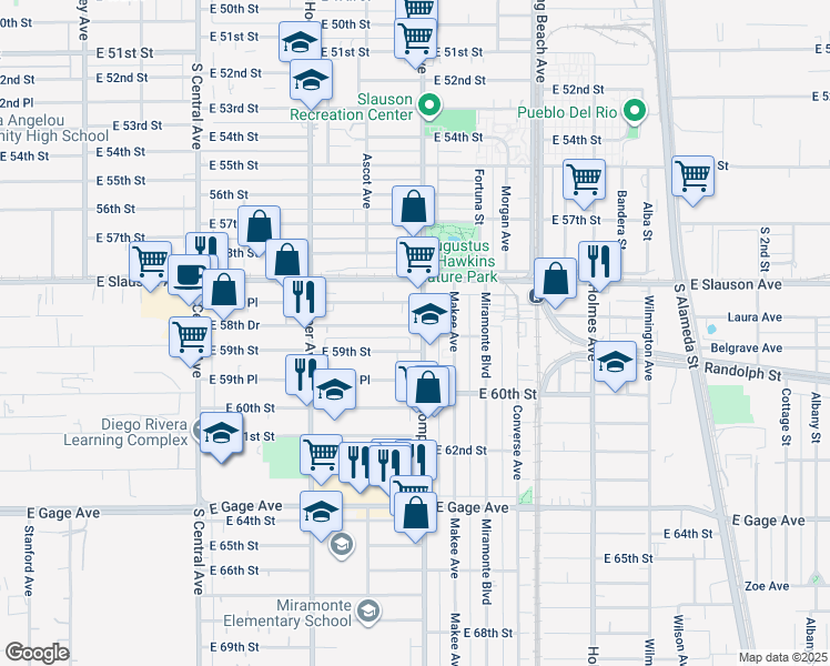 map of restaurants, bars, coffee shops, grocery stores, and more near 1450 East 59th Street in Los Angeles