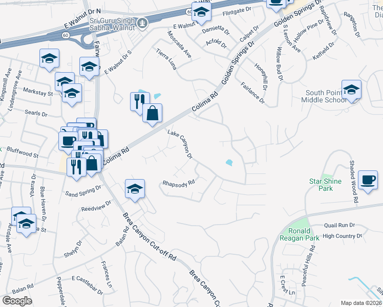 map of restaurants, bars, coffee shops, grocery stores, and more near 20157 Donway Drive in Walnut