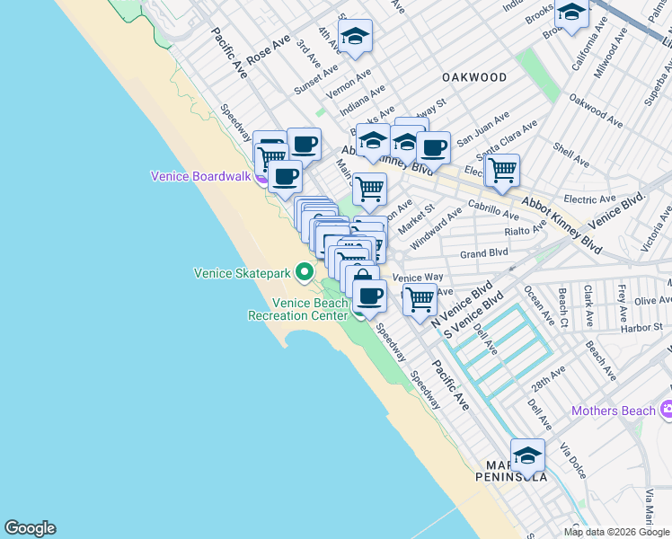map of restaurants, bars, coffee shops, grocery stores, and more near 1500 Ocean Front Walk in Los Angeles