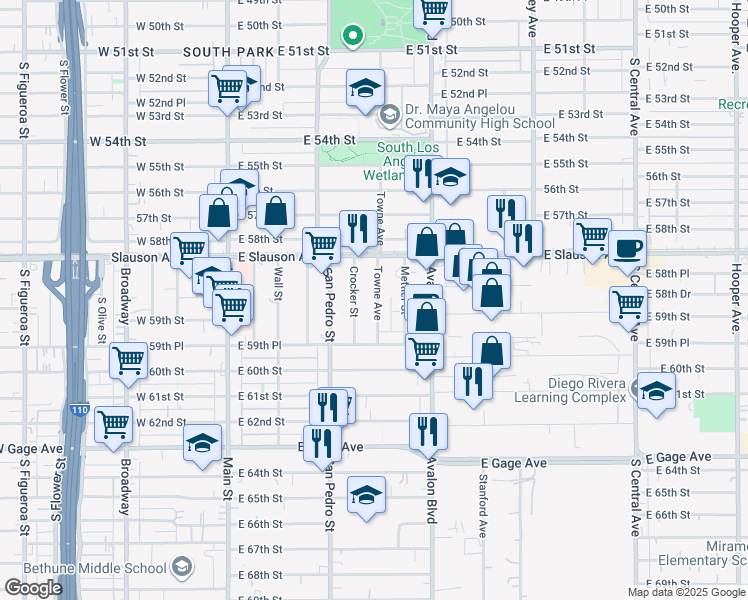 map of restaurants, bars, coffee shops, grocery stores, and more near 5877 Towne Avenue in Los Angeles