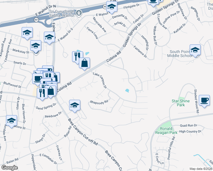 map of restaurants, bars, coffee shops, grocery stores, and more near 20227 Lake Canyon Drive in Walnut