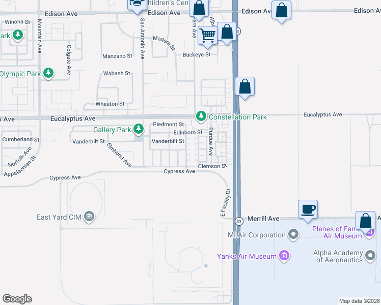 map of restaurants, bars, coffee shops, grocery stores, and more near 14587 Baylor Avenue in Chino