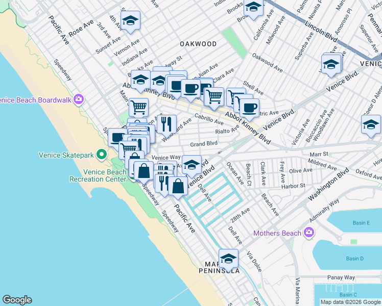 map of restaurants, bars, coffee shops, grocery stores, and more near 417 Venice Way in Los Angeles