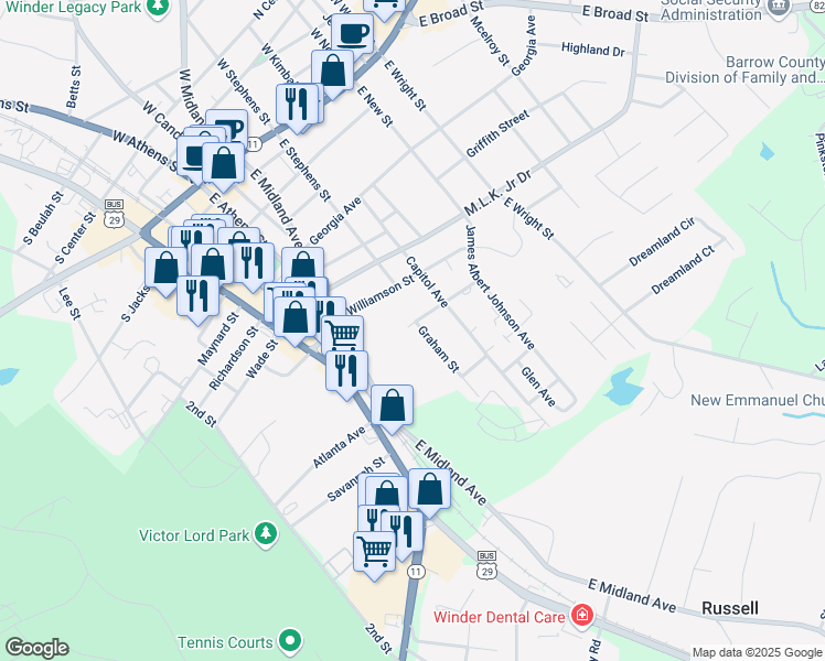 map of restaurants, bars, coffee shops, grocery stores, and more near 211 Graham Street in Winder