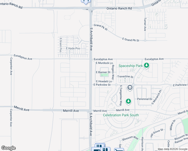 map of restaurants, bars, coffee shops, grocery stores, and more near 4718 South Scott Way in Ontario