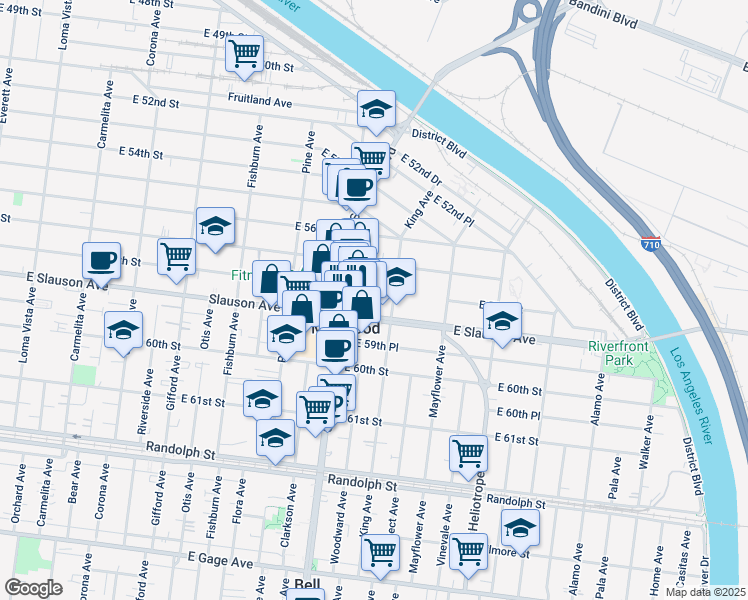 map of restaurants, bars, coffee shops, grocery stores, and more near 4557 Slauson Avenue in Maywood