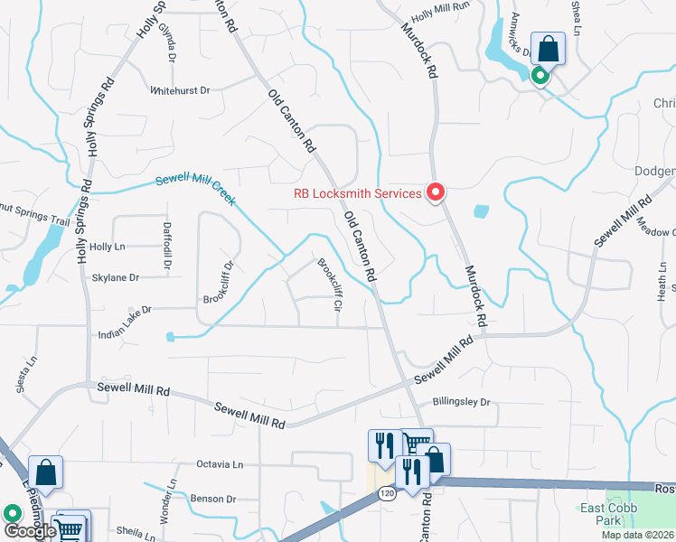 map of restaurants, bars, coffee shops, grocery stores, and more near 1539 Brookcliff Circle in Marietta