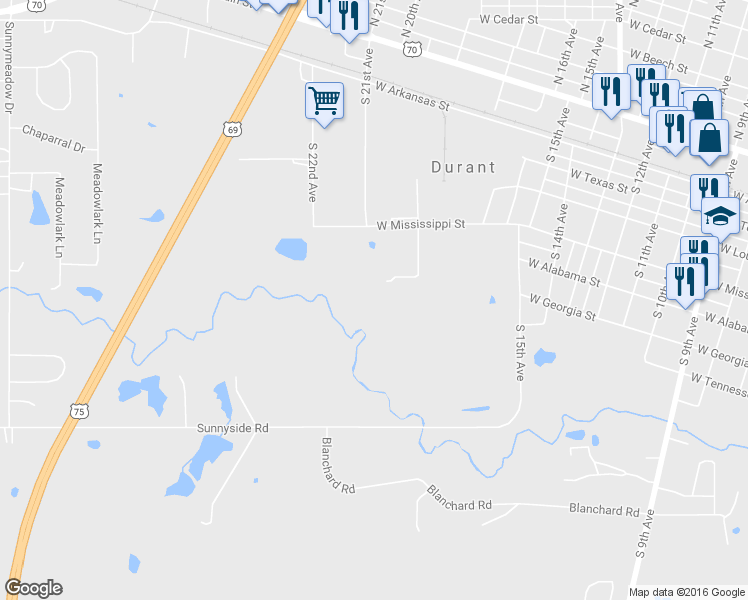 map of restaurants, bars, coffee shops, grocery stores, and more near 601 South 19th Avenue in Durant