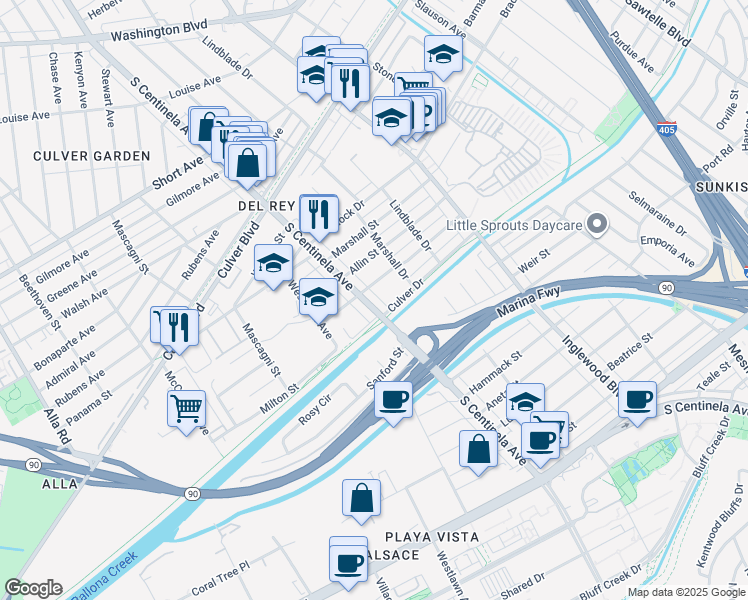 map of restaurants, bars, coffee shops, grocery stores, and more near 4988 South Centinela Avenue in Los Angeles