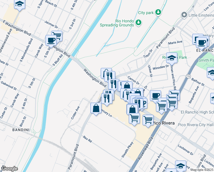 map of restaurants, bars, coffee shops, grocery stores, and more near Washington Blvd & Paramount Blvd in Pico Rivera