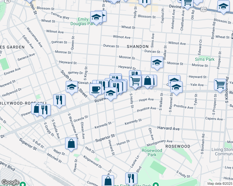 map of restaurants, bars, coffee shops, grocery stores, and more near 2803 Rosewood Drive in Columbia