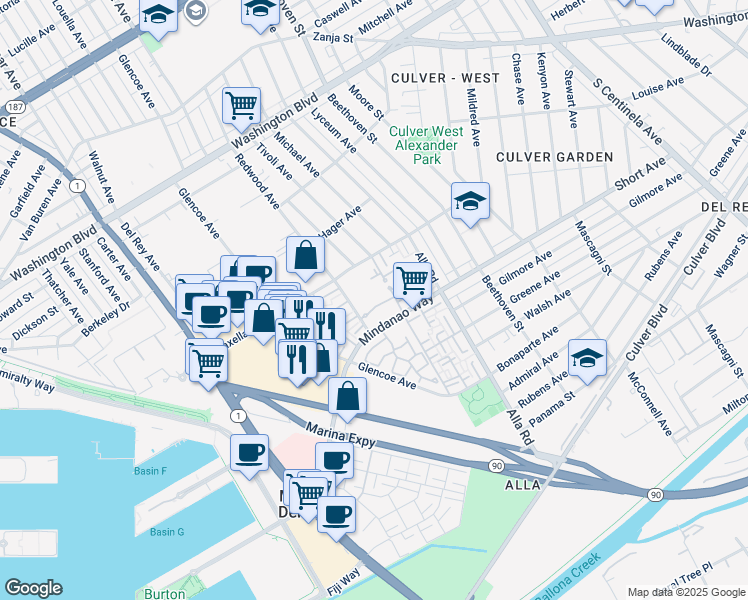 map of restaurants, bars, coffee shops, grocery stores, and more near 4342 Redwood Avenue in Marina del Rey