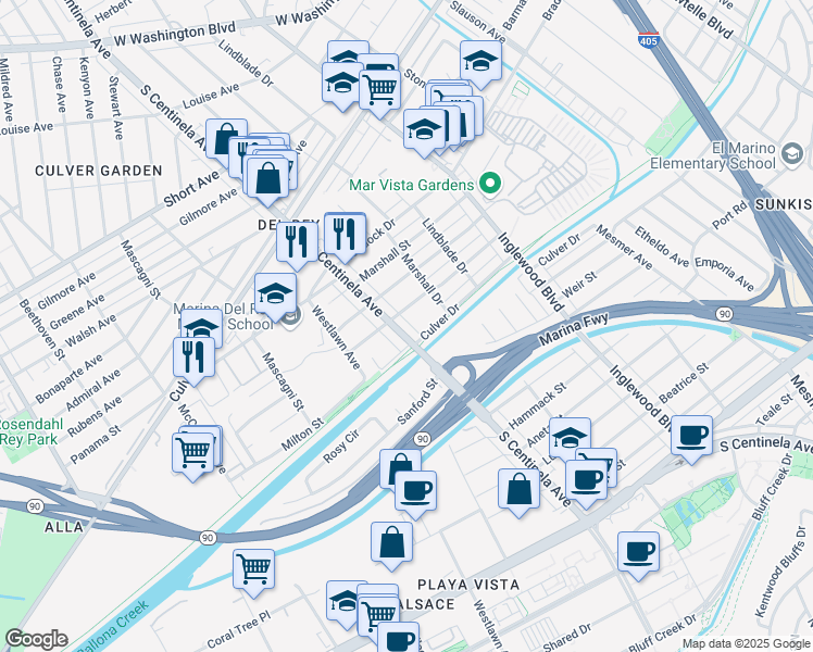 map of restaurants, bars, coffee shops, grocery stores, and more near 4964 South Centinela Avenue in Los Angeles