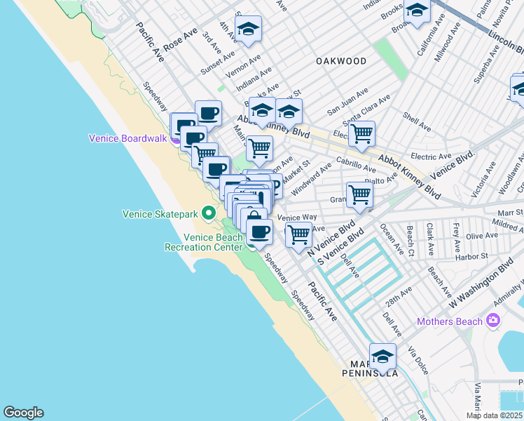map of restaurants, bars, coffee shops, grocery stores, and more near 1501 Main Street in Los Angeles