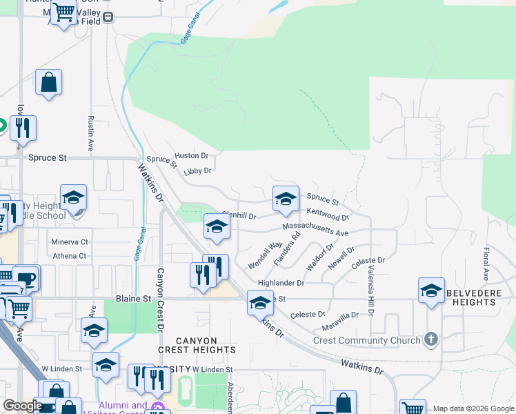 map of restaurants, bars, coffee shops, grocery stores, and more near 636 Glenhill Drive in Riverside