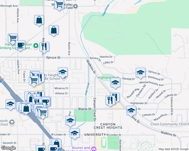 map of restaurants, bars, coffee shops, grocery stores, and more near 2891 Canyon Crest Drive in Riverside