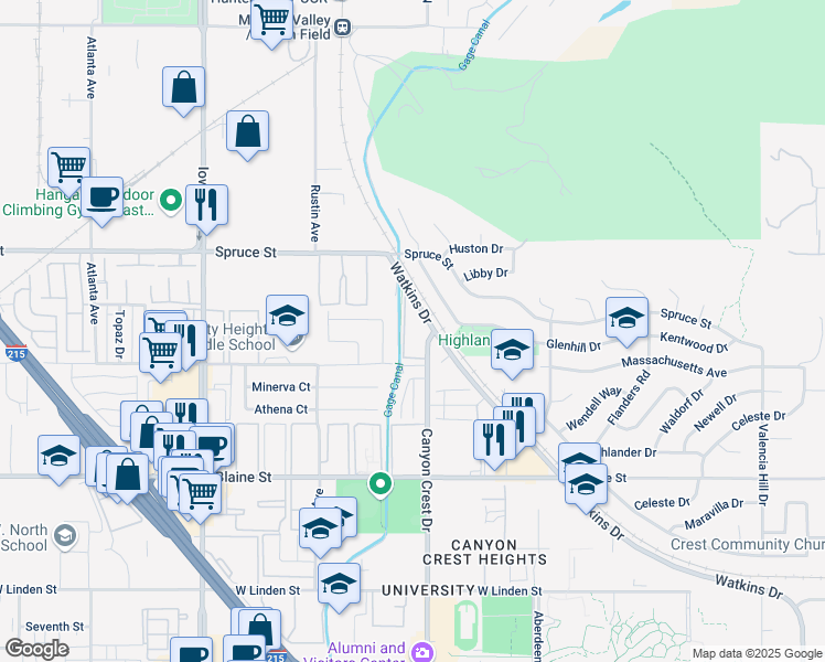 map of restaurants, bars, coffee shops, grocery stores, and more near 2891 Canyon Crest Drive in Riverside