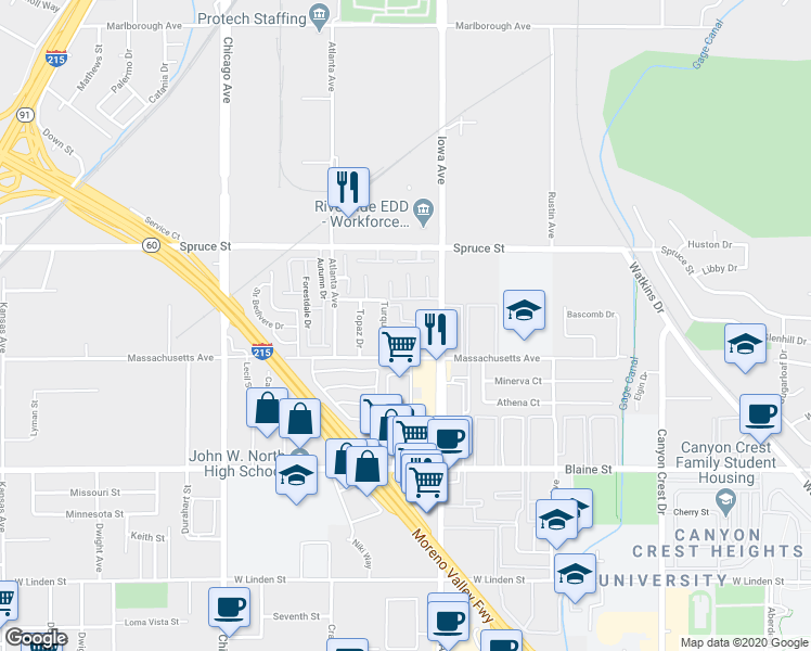 map of restaurants, bars, coffee shops, grocery stores, and more near 1331 Turquoise Street in Riverside