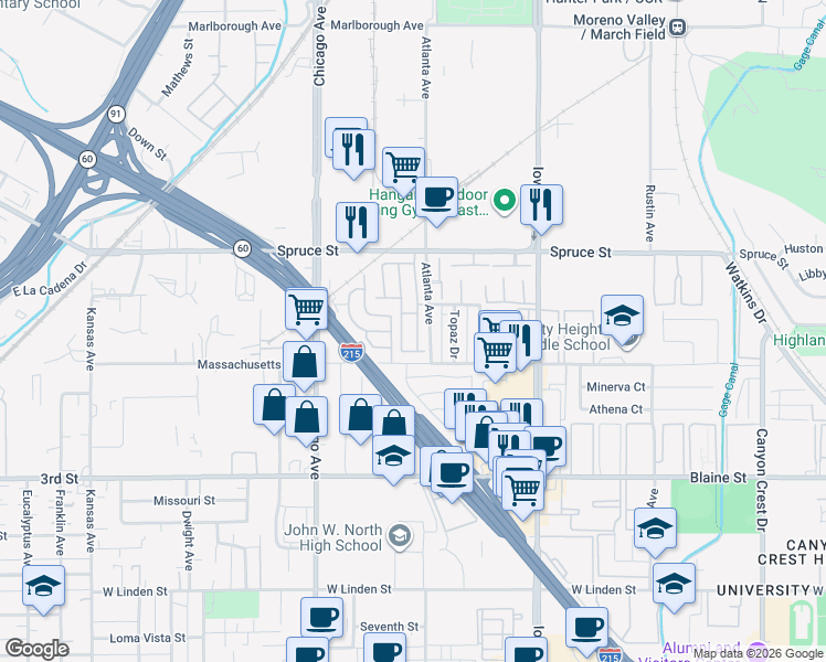 map of restaurants, bars, coffee shops, grocery stores, and more near 1525 Massachusetts Avenue in Riverside