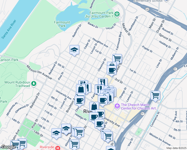 map of restaurants, bars, coffee shops, grocery stores, and more near 4039 5th Street in Riverside