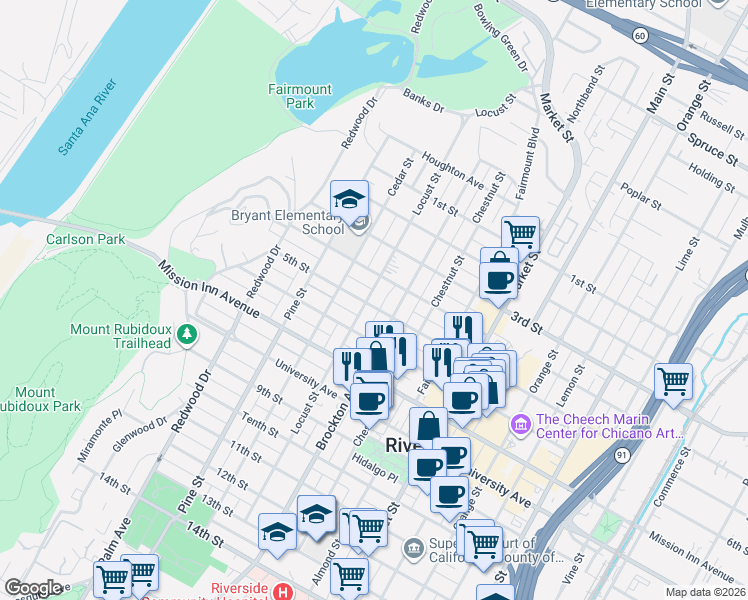 map of restaurants, bars, coffee shops, grocery stores, and more near 4140 5th Street in Riverside