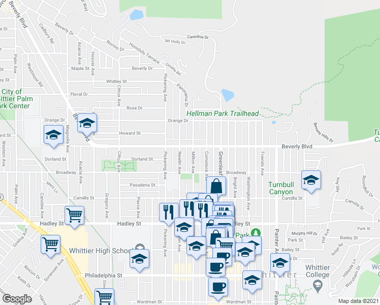 map of restaurants, bars, coffee shops, grocery stores, and more near 6036 Milton Avenue in Whittier