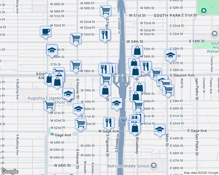 map of restaurants, bars, coffee shops, grocery stores, and more near 5912 South Figueroa Street in Los Angeles
