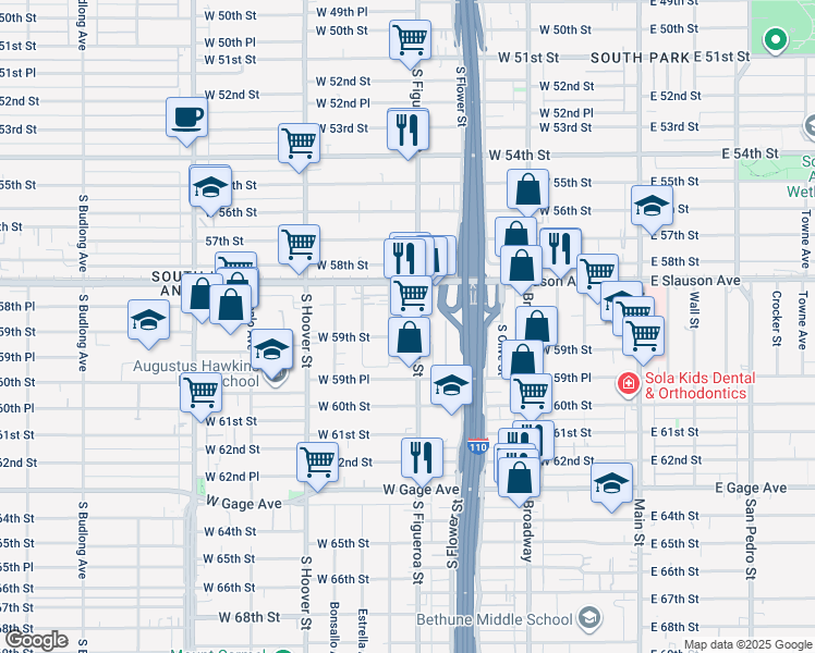 map of restaurants, bars, coffee shops, grocery stores, and more near 5912 South Figueroa Street in Los Angeles