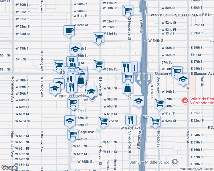 map of restaurants, bars, coffee shops, grocery stores, and more near 5904 Bonsallo Avenue in Los Angeles