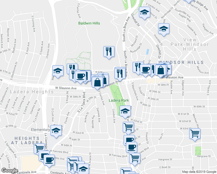map of restaurants, bars, coffee shops, grocery stores, and more near 5908 59th Street in View Park-Windsor Hills