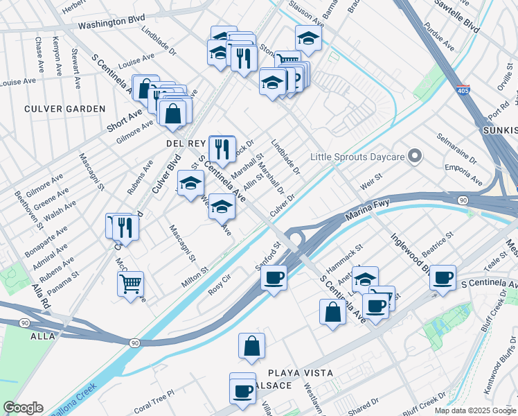 map of restaurants, bars, coffee shops, grocery stores, and more near 4988 South Centinela Avenue in Los Angeles