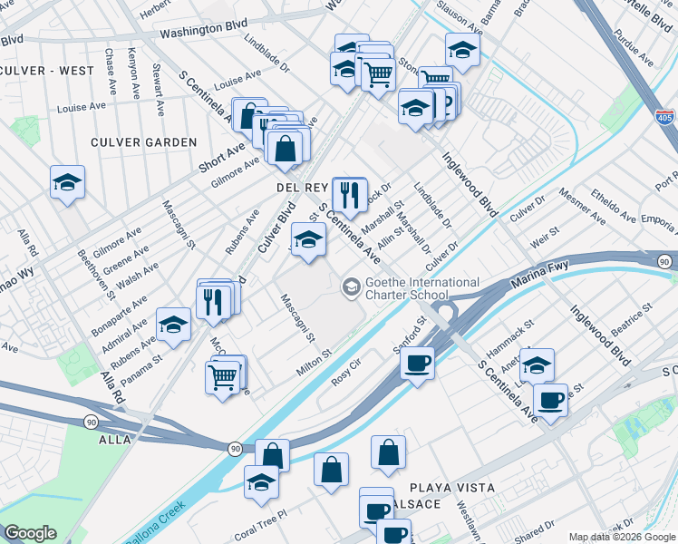 map of restaurants, bars, coffee shops, grocery stores, and more near 12500 Braddock Drive in Los Angeles